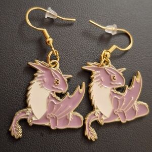 NEW - Dragons in Purple, White, Gold Tone - Handmade Dangle Earrings 925 Hooks